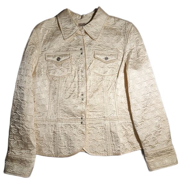 Vtg Y2K I.E. Ivory Swirl Pattern Quilted Satin Collared Hook Closure Jacket Sz L - Picture 1 of 4